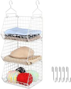 img 4 attached to 🗂️ X-cosrack 3 Tier Closet Organizer, Foldable Clothes Shelves with 5 S Hooks, Wall Mount & Cabinet Wire Storage Basket Bins, for Clothing Sweaters Shoes Handbags Clutches Accessories in White - Patent Pending