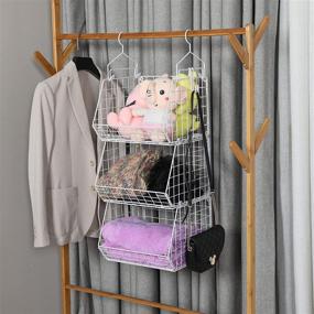 img 3 attached to 🗂️ X-cosrack 3 Tier Closet Organizer, Foldable Clothes Shelves with 5 S Hooks, Wall Mount & Cabinet Wire Storage Basket Bins, for Clothing Sweaters Shoes Handbags Clutches Accessories in White - Patent Pending