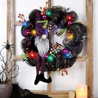 purple halloween wreath with lights - 16 inch wizard gnome deco mesh, glittered berries, bowknots, ball ornaments - ideal for front door, wall, or window decorations логотип