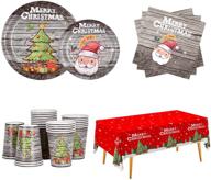 🎄 serve 25 guests with gatherfun christmas tree wooden design party supplies - disposable plates, napkins, cups, and waterproof tablecloth for merry christmas party decorations logo