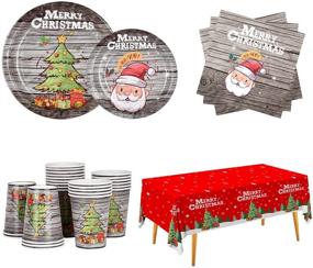 img 4 attached to 🎄 Serve 25 Guests with Gatherfun Christmas Tree Wooden Design Party Supplies - Disposable Plates, Napkins, Cups, and Waterproof Tablecloth for Merry Christmas Party Decorations