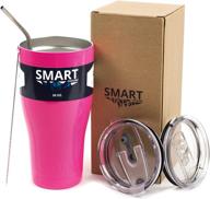 🥤 smart cooler 30 oz. stainless steel tumbler cup: sweat-free, ultra-tough design with leak-proof lids (slide &amp; flip), straw, &amp; cleaning brush - neon pink logo