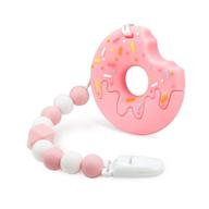 premium baby teething toys for 3-12 months: donuts cookie design, silicone teethers, relief beads, binky holder, pacifier clips - perfect for boys and girls (pink) logo