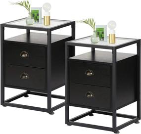 img 4 attached to VECELO Modern Side Nightstand with Tempered Glass, 2-Drawer Cabinet and Shelf for Living Room, Bedroom, Lounge Décor - Set of 2, Black