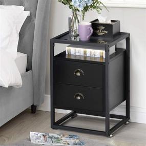 img 2 attached to VECELO Modern Side Nightstand with Tempered Glass, 2-Drawer Cabinet and Shelf for Living Room, Bedroom, Lounge Décor - Set of 2, Black