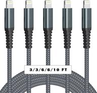 🔌 5-pack mfi certified iphone charger cable, lightning charger (3/3/6/6/10ft) apple fast charging cord - braided lightning cable for iphone 13/12/11/pro/x/xs/max/xr/8 plus/7 plus (grey) logo