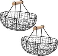 bekith 2 pack oval wire storage basket with wooden 🧺 handles: modern farmer's market-style black basket for kitchen organization and small storage логотип