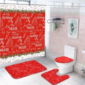 img 3 attached to Alishomtll Christmas Shower Curtain Set - 4 Pcs with Non-Slip Rugs, Toilet Lid Cover, 🎄 Bath Mat & Hooks - Festive Red Shower Curtain for Bathroom Decor, featuring Christmas Tree Design