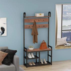 img 2 attached to 🧥 Large Coat Rack Shoe Bench with Storage Shelf - Industrial Design, Wood Look Accent Furniture, Metal Frame - Easy Assembly and Ideal for Entryway Hall Tree