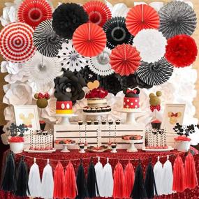 img 2 attached to Red White Black Hanging Paper Fans Pom Poms Flowers Tissue Tassel Garland for Meiduo Mickey Mouse Ladybug Pirate-themed Birthday Party Decorations, BBQ, Graduation, Retirement, and Halloween Celebrations