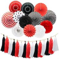 red white black hanging paper fans pom poms flowers tissue tassel garland for meiduo mickey mouse ladybug pirate-themed birthday party decorations, bbq, graduation, retirement, and halloween celebrations logo