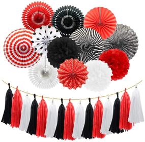 img 4 attached to Red White Black Hanging Paper Fans Pom Poms Flowers Tissue Tassel Garland for Meiduo Mickey Mouse Ladybug Pirate-themed Birthday Party Decorations, BBQ, Graduation, Retirement, and Halloween Celebrations