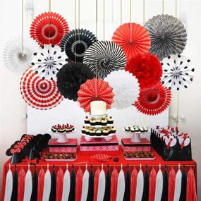 img 1 attached to Red White Black Hanging Paper Fans Pom Poms Flowers Tissue Tassel Garland for Meiduo Mickey Mouse Ladybug Pirate-themed Birthday Party Decorations, BBQ, Graduation, Retirement, and Halloween Celebrations