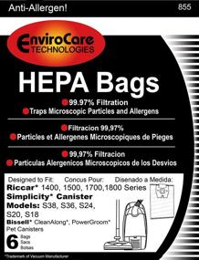 img 2 attached to 6 Pack EnviroCare Replacement HEPA Filtration Vacuum Cleaner Dust Bags for Riccar 1400, 1500, 1700, 1800 Series and Simplicity S38, S36, S24, S20 and S18 Canisters