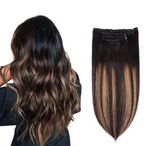 img 4 attached to 🏻 12-Inch Remy Clip-in Human Hair Extensions - Natural Black to Chestnut Brown Highlight Black Ombre Silky Straight Short Thick Real Hair Extensions for Women (1BT6 P1B, 60grams)