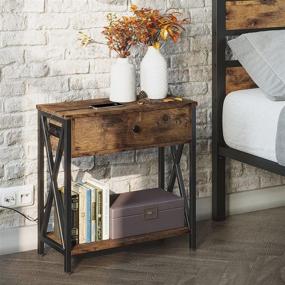 img 3 attached to 🔌 IRONCK Side Table with Charging Station, USB Ports & Power Outlets, Pull-Down Drawer, Rustic Brown - Perfect for Small Spaces in Living Room or Bedroom