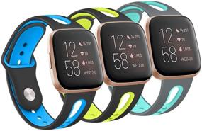 img 4 attached to [Pack 3] Soft Silicone Bands for Fitbit Versa 📦 2/Versa/Versa Lite/Versa SE - Breathable Replacement Wristbands for Men/Women (Small, Black/Blue+Black/Green+Grey/Teal)