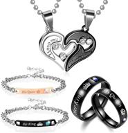 💑 love bond: 6 piece couples necklace bracelet and ring set, including his queen, her king love heart pendant necklace, couples bracelets, and promise rings for couple logo