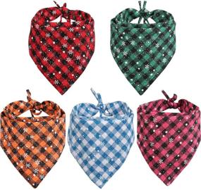 img 4 attached to 🎅 Set of 5 Lamphyface Christmas Dog Bandanas - Plaid Snowflake Pet Triangle Scarf Accessory for Dogs and Cats