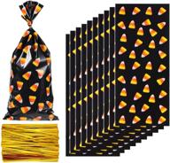 100 halloween cellophane bags candy corn pattern – cello treat bags with 200 gold twist ties for chocolate candy cookies and snacks (transparent) logo