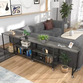 img 1 attached to Topfurny Industrial Sofa Table: 3-Tier Mobile Console, Rotating 360° for Couch Snacks, Storage Shelves, L-Shaped Design in Black Oak