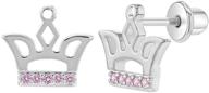 👑 10mm rhodium plated pink cubic zirconia princess crown safety screw back earrings for toddlers and little girls - ideal crown jewelry gift for special occasions logo