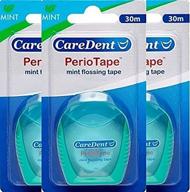 caredent periotape dental floss: flat, unwaxed, non-shredding, mint flavor, 3 pack - 98yrds | effective thin tooth floss for teeth | satin glide easy floas logo