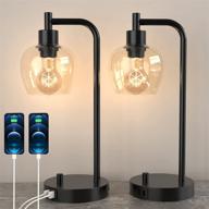 modern industrial table lamps set of 2 with usb port and dimmable feature, elegantly designed glass shade for bedroom, living room, farmhouse, office - includes 40w 2700k edison tungsten bulbs, black логотип