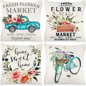 img 4 attached to 🌸 Set of 4 CDWERD Spring Pillow Covers 18x18 Inch - Fresh Flower Market Design for Spring Decor, Farmhouse Style Linen Cushion Cases, Ideal Spring Home Décor Accessories