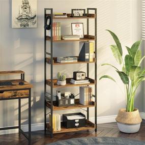 img 1 attached to 📚 Rustic Brown Rolanstar 6 Tier Bookshelf: Industrial Wood Bookcase with 4 Hooks, Vintage Storage Rack featuring Open Shelves and Metal Frame Display Rack for Living Room, Bedroom