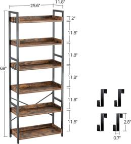 img 2 attached to 📚 Rustic Brown Rolanstar 6 Tier Bookshelf: Industrial Wood Bookcase with 4 Hooks, Vintage Storage Rack featuring Open Shelves and Metal Frame Display Rack for Living Room, Bedroom