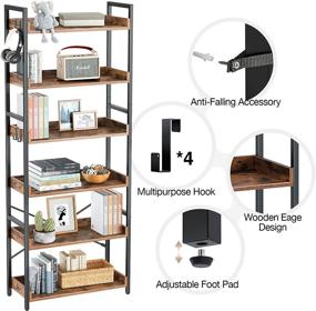 img 3 attached to 📚 Rustic Brown Rolanstar 6 Tier Bookshelf: Industrial Wood Bookcase with 4 Hooks, Vintage Storage Rack featuring Open Shelves and Metal Frame Display Rack for Living Room, Bedroom