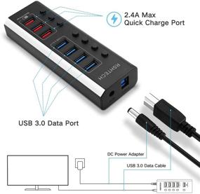 img 3 attached to 💻 RSHTECH Powered USB Hub: 7 Ports USB 3.0 + 4 Data Transfer + 3 Fast Charging Ports, 36W Adapter, On/Off Switches (A37-Black)