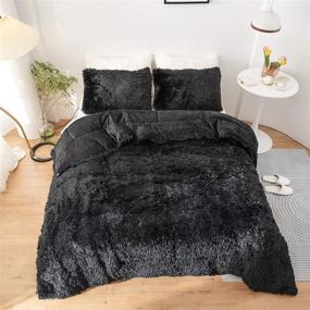 img 1 attached to 🛏️ Janzaa Shaggy Comforter Set - Queen/Full Size, Fluffy Plush Comforter Set in Black - 3 Piece Faux Fur Comforter Set with Plush & Velvet Flannel - Includes 1 Plush Comforter Set and 2 Pillow Cases
