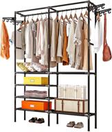 👕 black freestanding garment rack with multifunctional shelves and hooks for shoe and clothing organization логотип