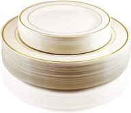 craft and party premium plastic dinner plates - set of 50 (25 dinner plates + 25 salad/dessert plates) for 25 guests - ivory with gold rim logo