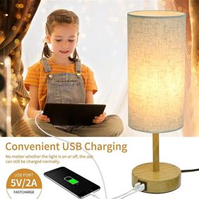 img 2 attached to Touch Table Lamp with USB Ports - 3 Way Dimmable Bedside Lamp for Bedroom, Living Room, Kids Room, Office Desk - Wood Base, Beige Fabric Shade - Includes Bulb