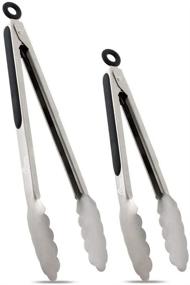 img 3 attached to 🔒 Hotec Stainless Steel Locking Kitchen Tongs Set - 9" and 12", Non-Slip Grip, Black Metal Food Tongs