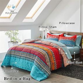img 3 attached to 🛏️ Flysheep Bed in a Bag 7-Piece Queen Size Set: Colorful Bohemian Style Tribal Blue and Red Printed Reversible Comforter with Sheets, Shams, and Pillowcases