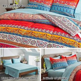 img 1 attached to 🛏️ Flysheep Bed in a Bag 7-Piece Queen Size Set: Colorful Bohemian Style Tribal Blue and Red Printed Reversible Comforter with Sheets, Shams, and Pillowcases