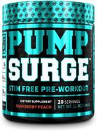 caffeine free pump & nootropic pre workout supplement - non stimulant preworkout powder & nitric oxide booster - 20 servings, raspberry peach - pumpsurge logo