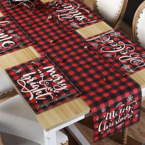 img 4 attached to 🎄 Irenare 7-Piece Christmas Table Runner Placemats - Red Black Buffalo Plaid Check Christmas Decorations for Dining Table - Vintage Farmhouse Gingham Holiday Table Mat Set (Artsy Style)