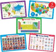 🌎 simply magic 5 placemats for kids - non slip, washable & reusable educational placemats: usa & world maps, periodic table, us presidents - plastic & kid-friendly logo