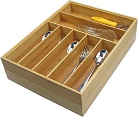 img 1 attached to Large 4-Slot Bamboo Kitchen Silverware Drawer Organizer | Adjustable Utensil Tray Holder | 2 Sets of Kitchenware Divider Organizers with 11 Slots Total