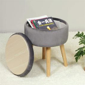 img 3 attached to 🔲 Grey Velvet Round Storage Ottoman with Wooden Legs & Tray Top - B FSOBEIIALEO Soft Padded Footrest Stool 14.17 inches