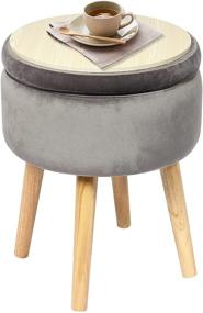 img 4 attached to 🔲 Grey Velvet Round Storage Ottoman with Wooden Legs & Tray Top - B FSOBEIIALEO Soft Padded Footrest Stool 14.17 inches