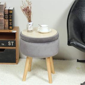 img 2 attached to 🔲 Grey Velvet Round Storage Ottoman with Wooden Legs & Tray Top - B FSOBEIIALEO Soft Padded Footrest Stool 14.17 inches