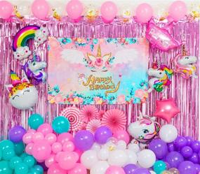 img 4 attached to 🦄 129-Piece Unicorn Birthday Party Decorations Set for Girls - Unicorn Theme Party Supplies with Balloon Garland Kit, Birthday Backdrop, Foil Balloons, Curtains, and Paper Fan
