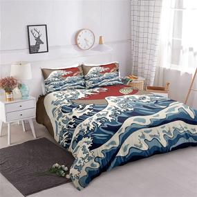 img 1 attached to 🌊 Japanese Wave Bedding Set: Ocean Wave Duvet Cover with Flying Crane, Queen Size - Includes 2 Pillowcases