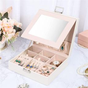 img 3 attached to 💍 Tikea White Jewelry Box Organizer - Small Jewel Case with Mirror for Teen Girls and Women, Earring Holder Storage Box for Rings, Necklaces, Bracelets, and Watches